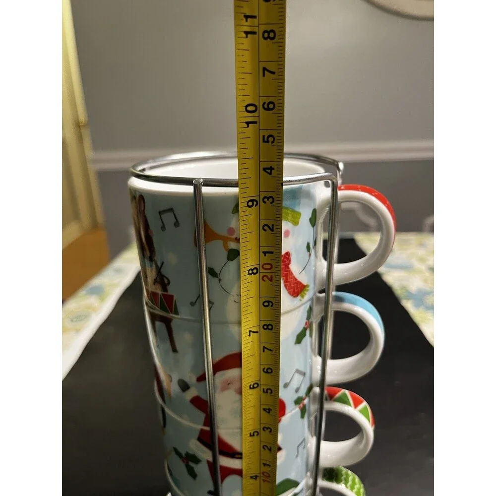 Pier 1 Stackable Santa Snowman Christmas Mugs w Metal Holder